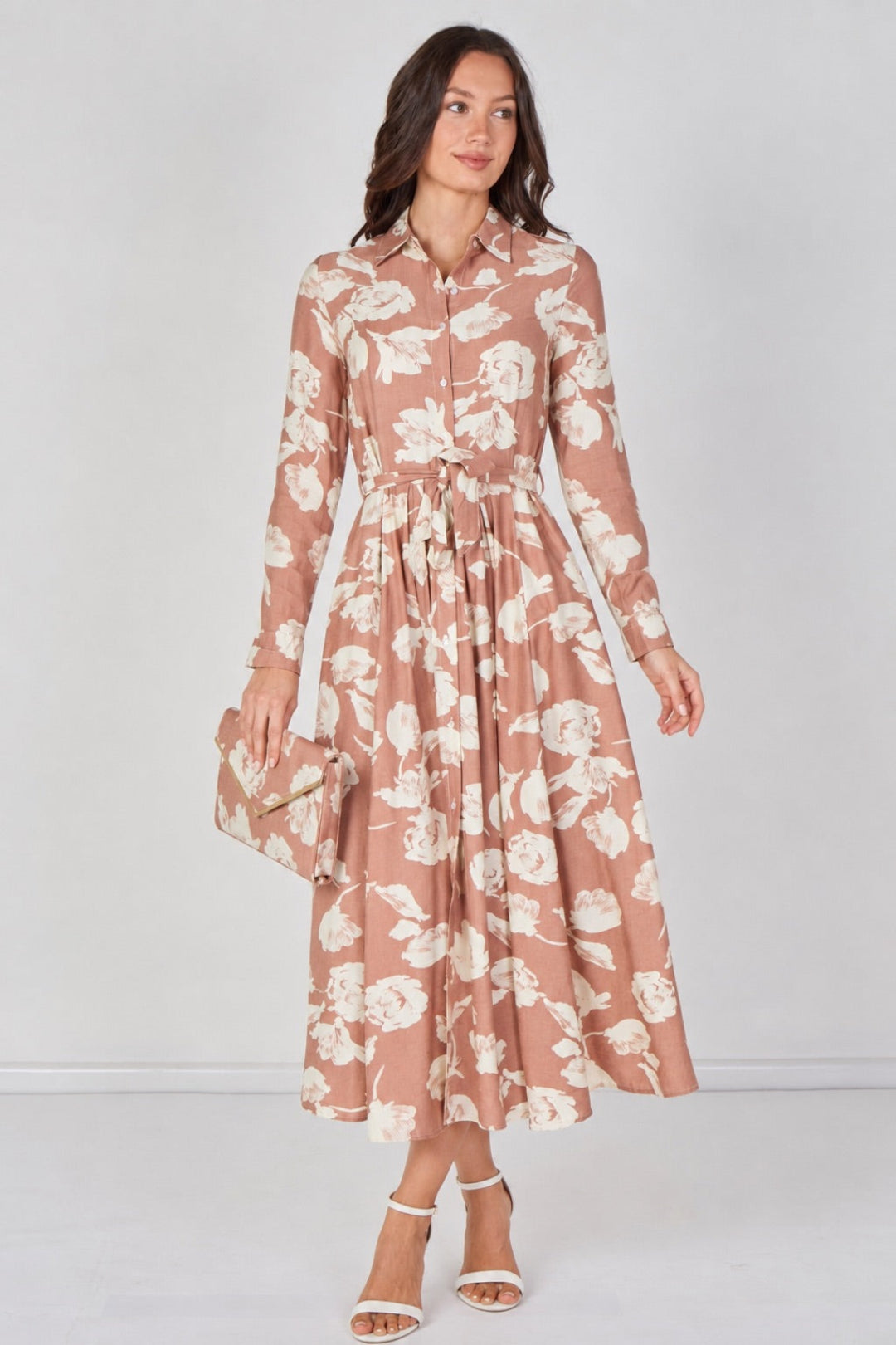 8Pcs Blush Blossom Printed Belted Maxi Shirt Dress