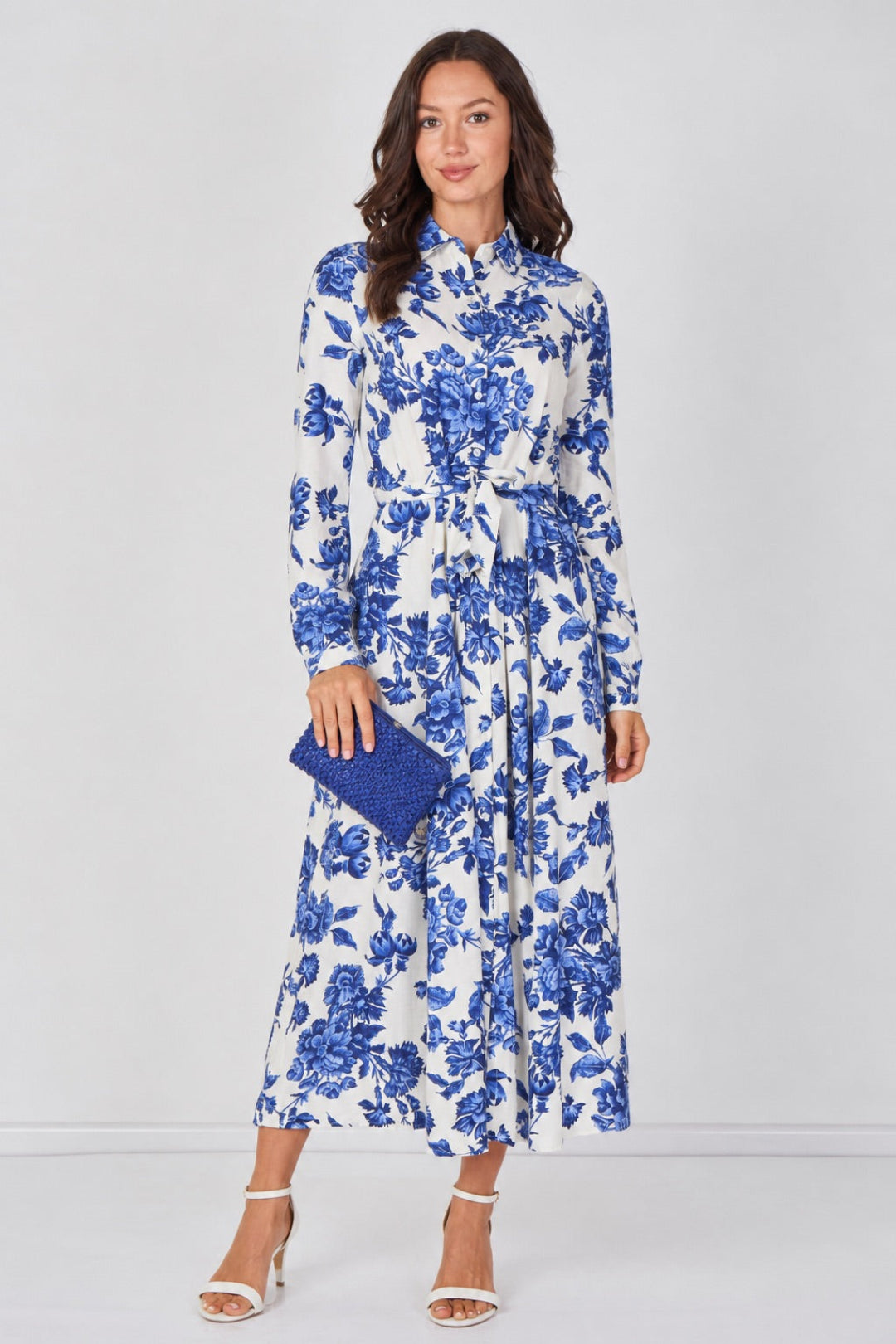 8Pcs Blue Porcelain Floral Printed Belted Maxi Shirt Dress