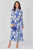 8Pcs Blue Porcelain Floral Printed Belted Maxi Shirt Dress