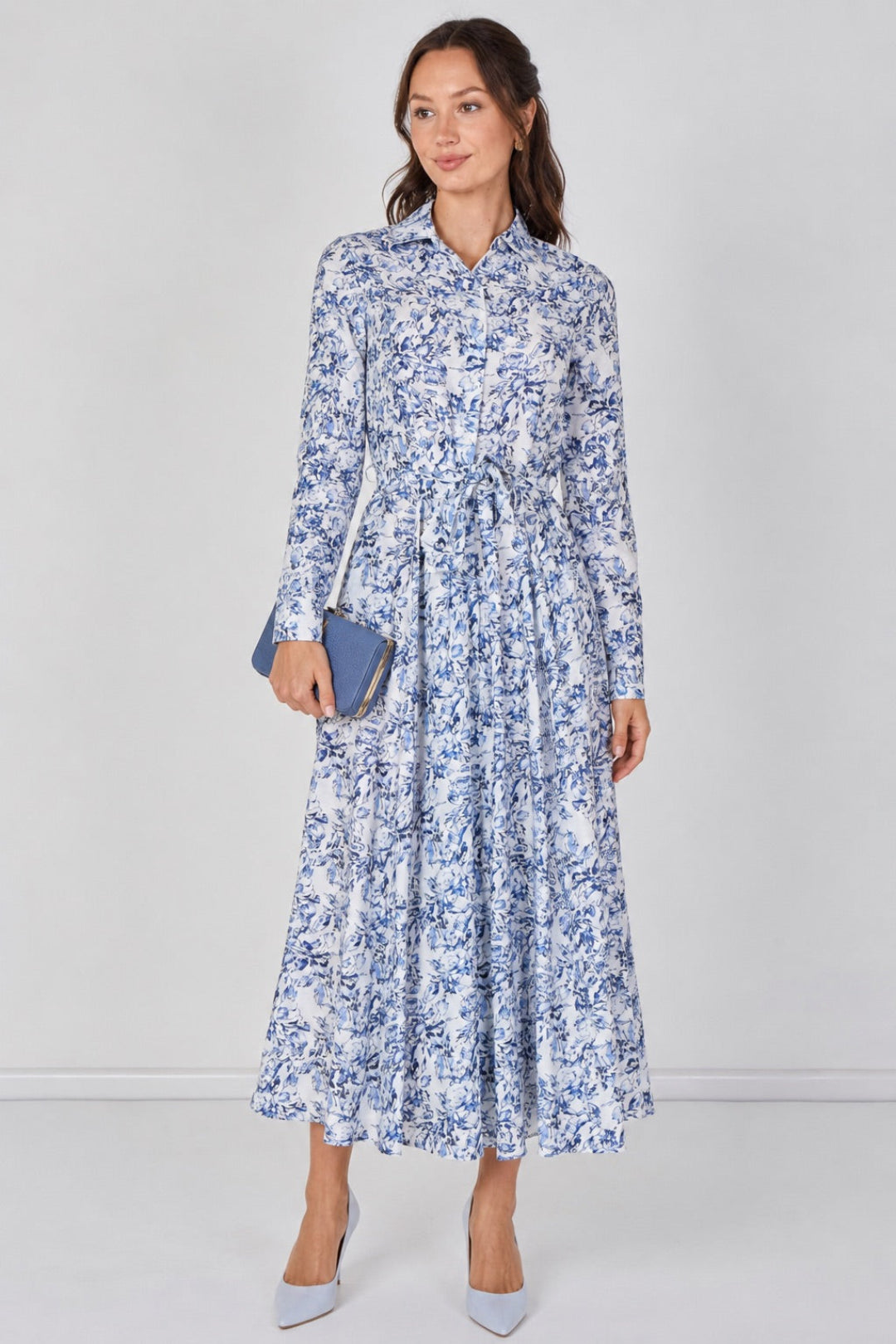 8Pcs Blue Toile Printed  Belted Maxi Shirt Dress