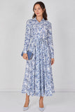 8Pcs Blue Toile Printed  Belted Maxi Shirt Dress