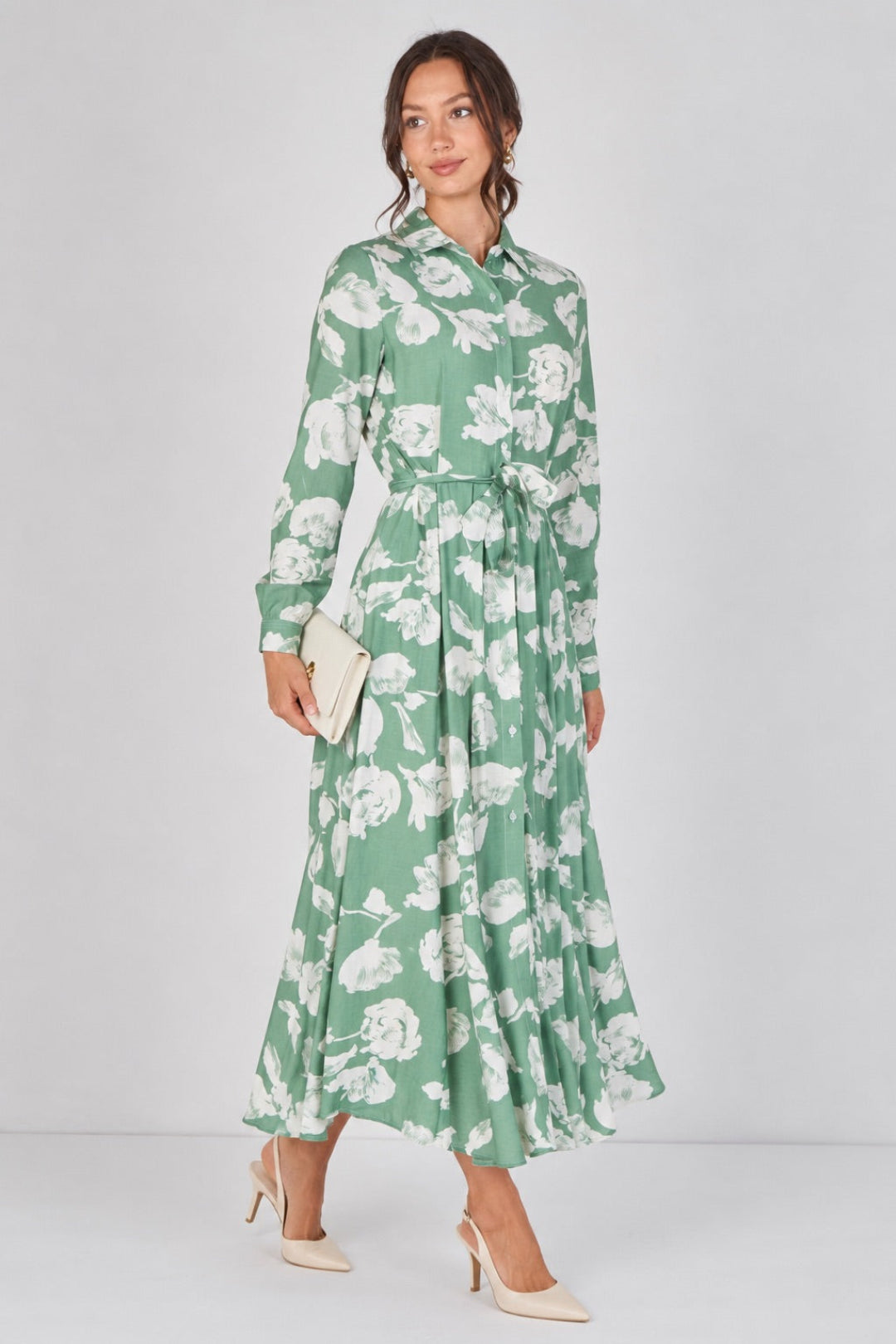 8Pcs Sage Green Blossom Printed Belted Maxi Shirt Dress