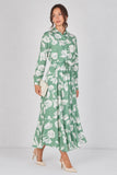 8Pcs Sage Green Blossom Printed Belted Maxi Shirt Dress