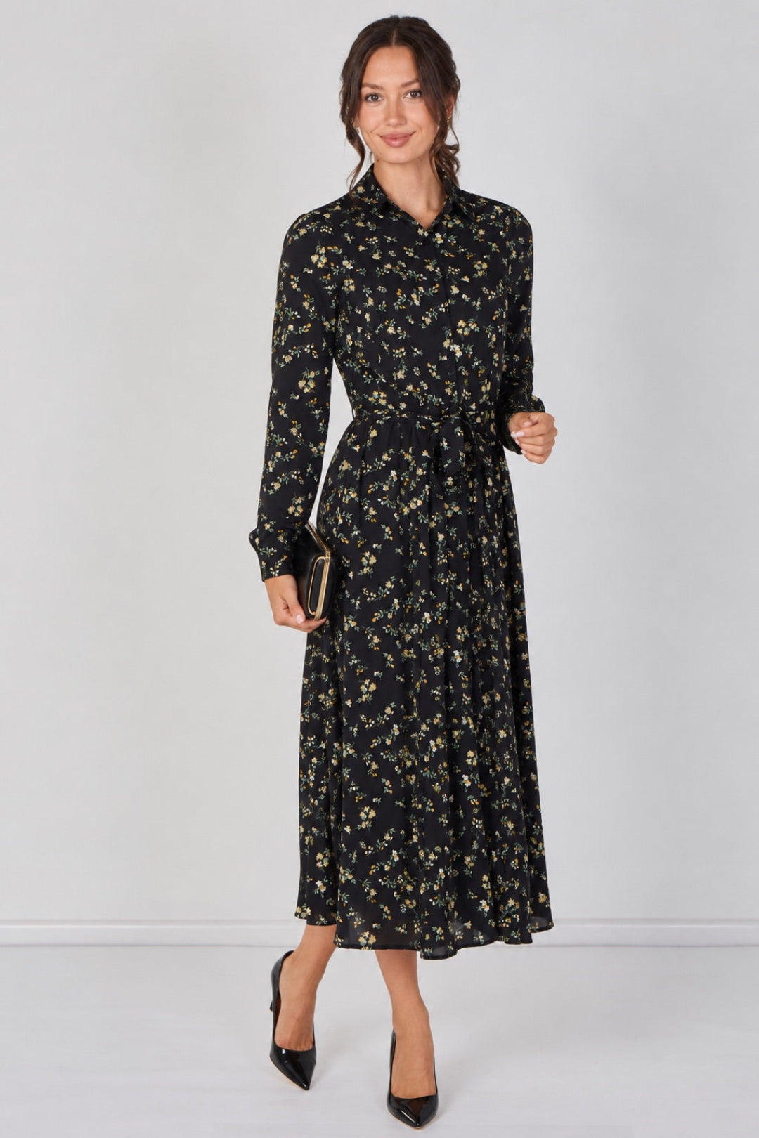 8Pcs Wildflower Ditsy Printed Black Belted Maxi Shirt Dress