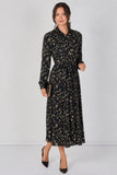 8Pcs Wildflower Ditsy Printed Black Belted Maxi Shirt Dress
