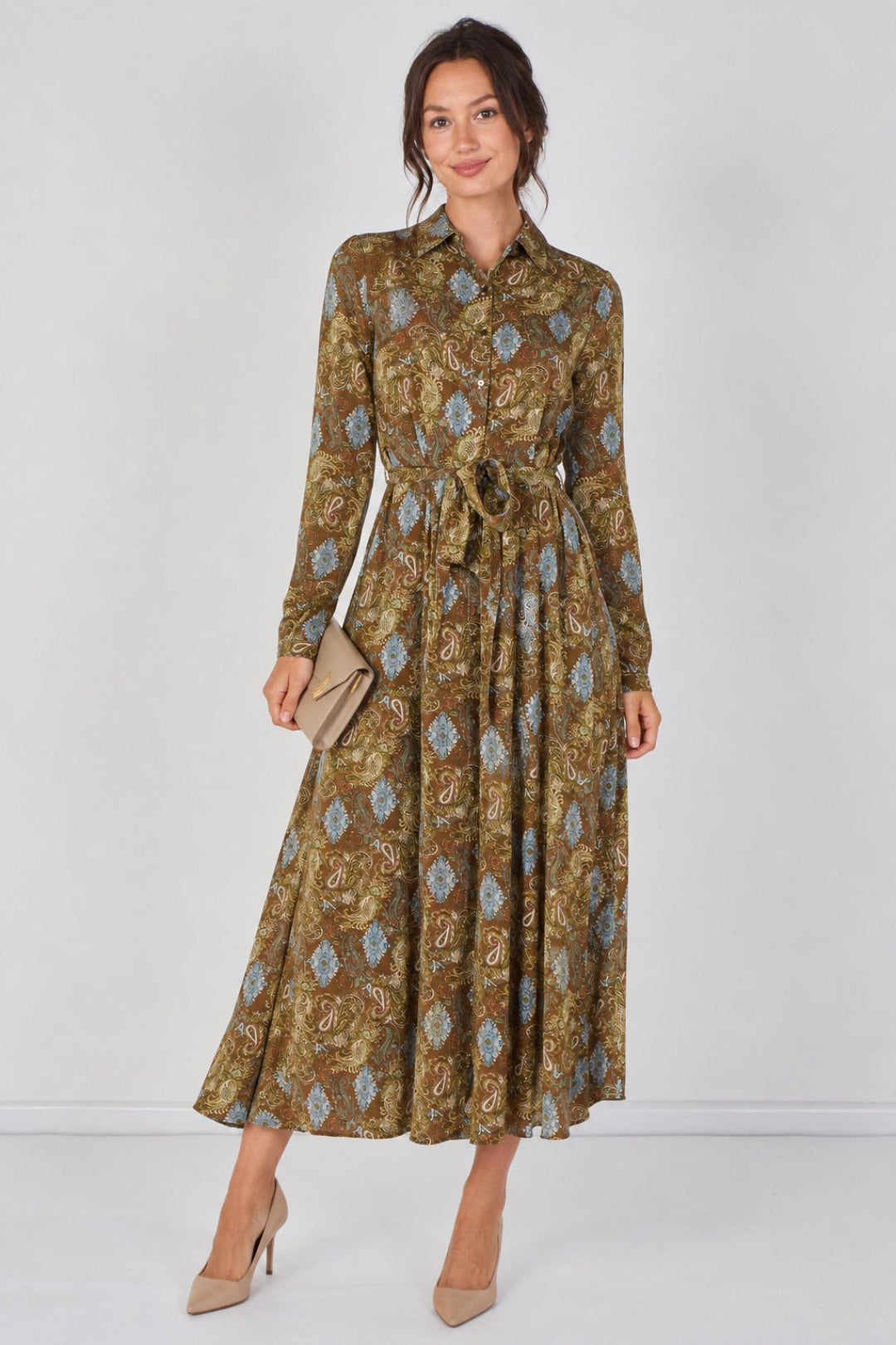 8Pcs Paisley Meadow Printed Khaki Belted Maxi Shirt Dress