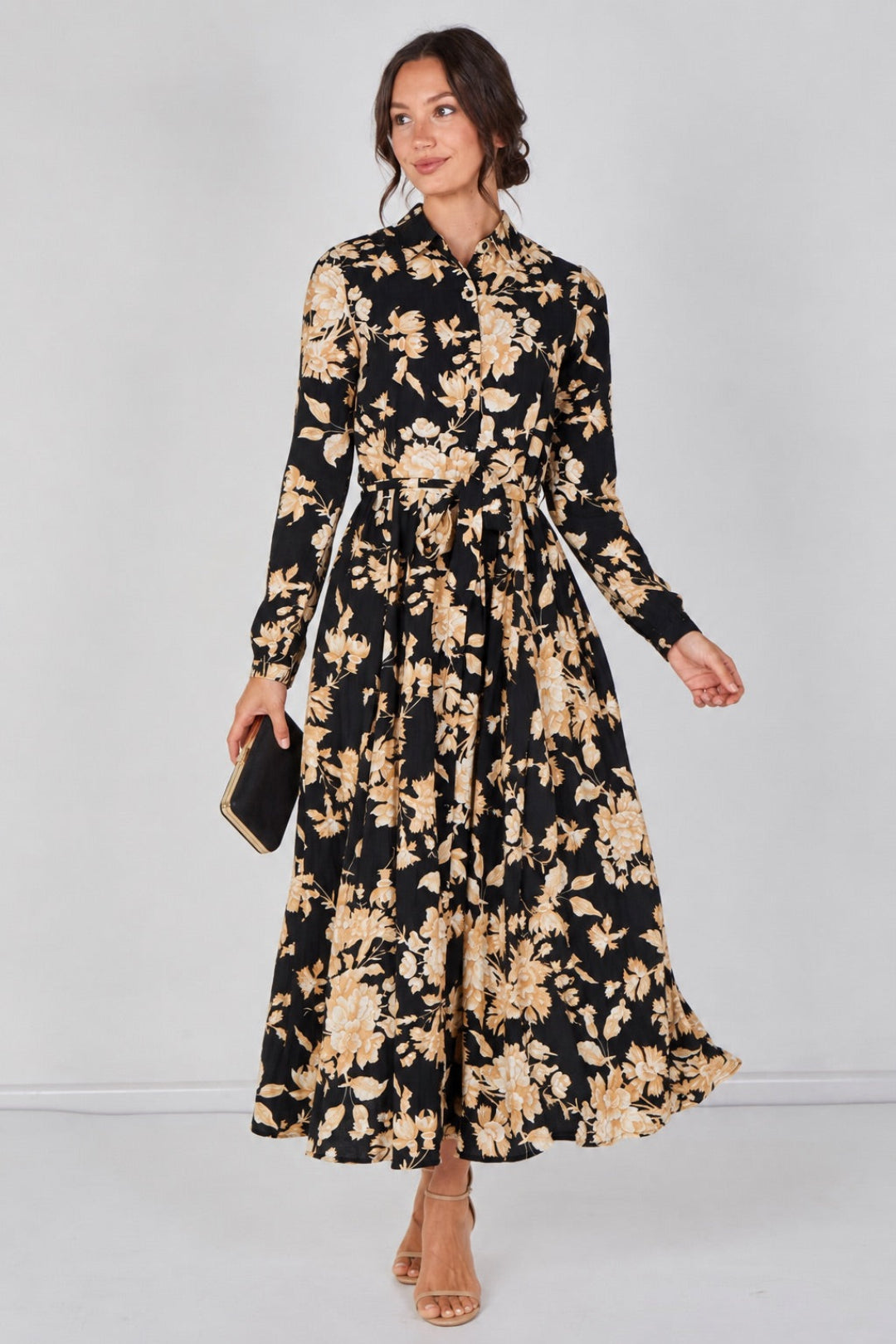 8Pcs Midnight Bloom Printed Belted Maxi Shirt Dress