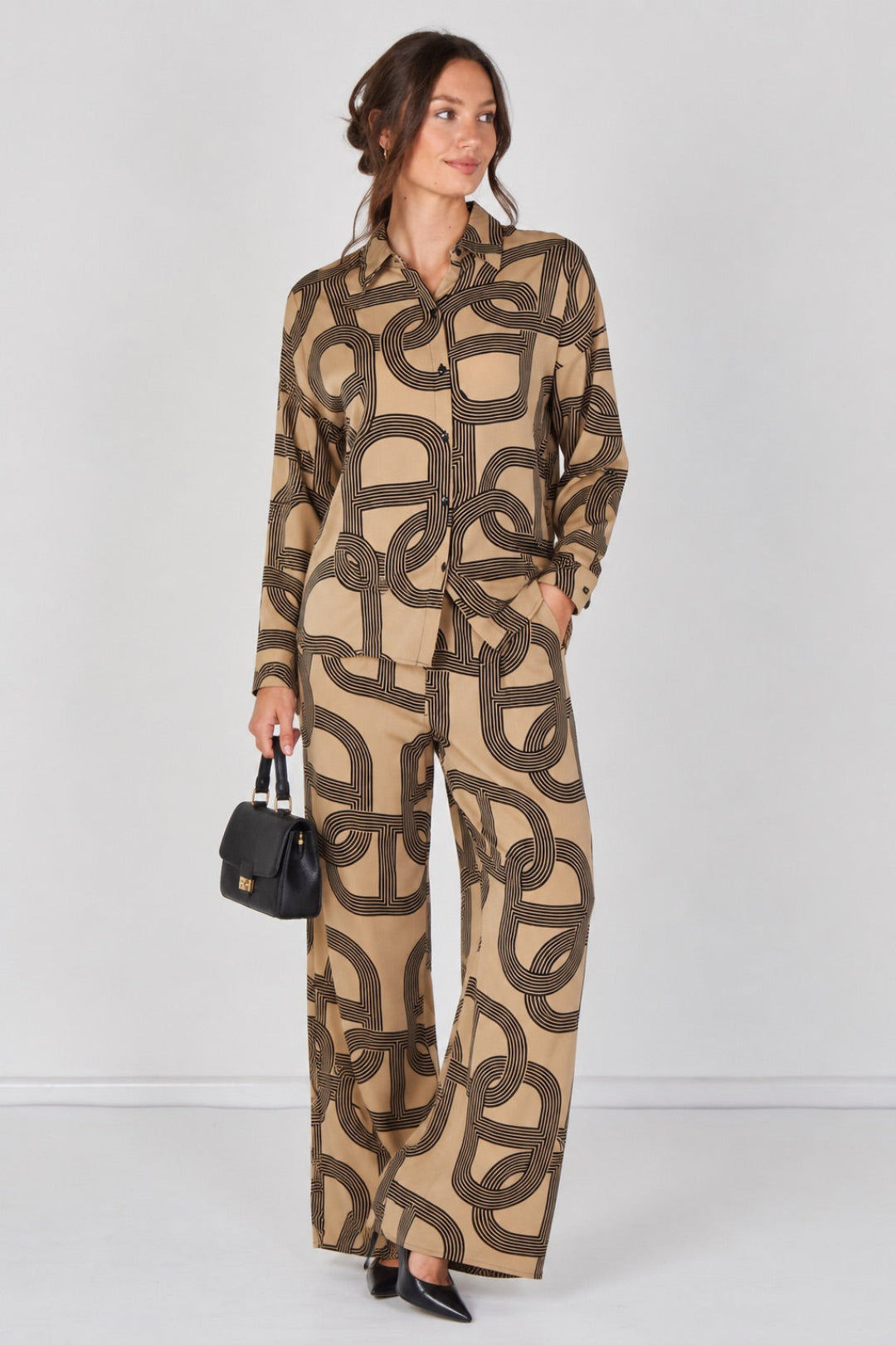 6Pcs Taupe and Black Geo Print Shirt and Trouser Co-ord Set