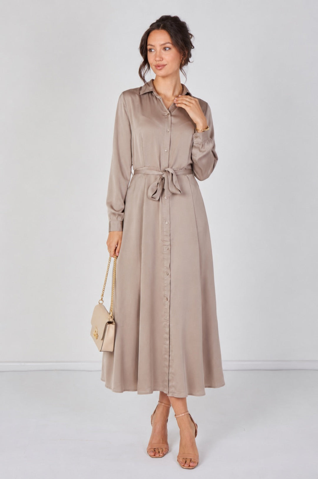 8Pcs Biege Velvety Satin Maxi Shirt Dress