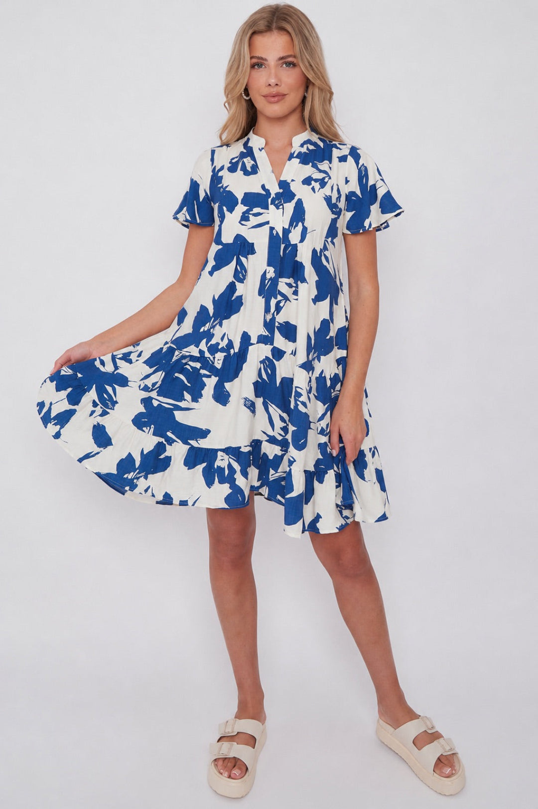8Pcs Blue Floral Print Short Sleeve Flared Mini Dress