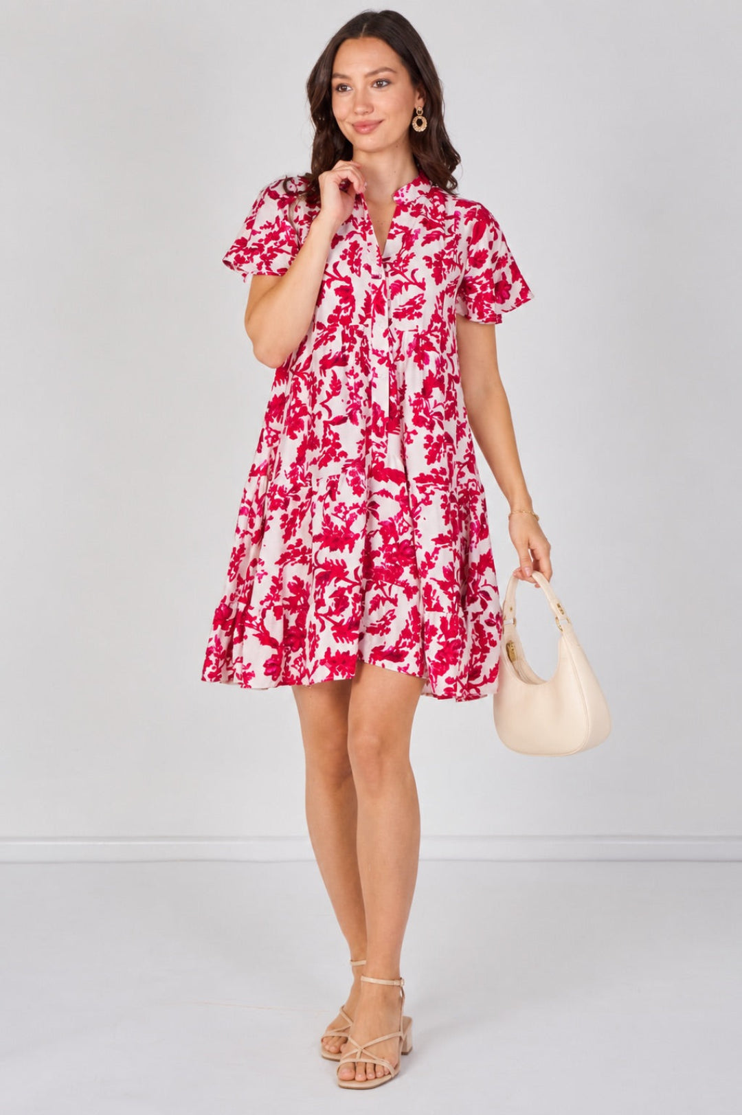 8Pcs Fuchsia Floral Print Tiered Mini Dress