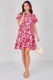8Pcs Fuchsia Floral Print Tiered Mini Dress