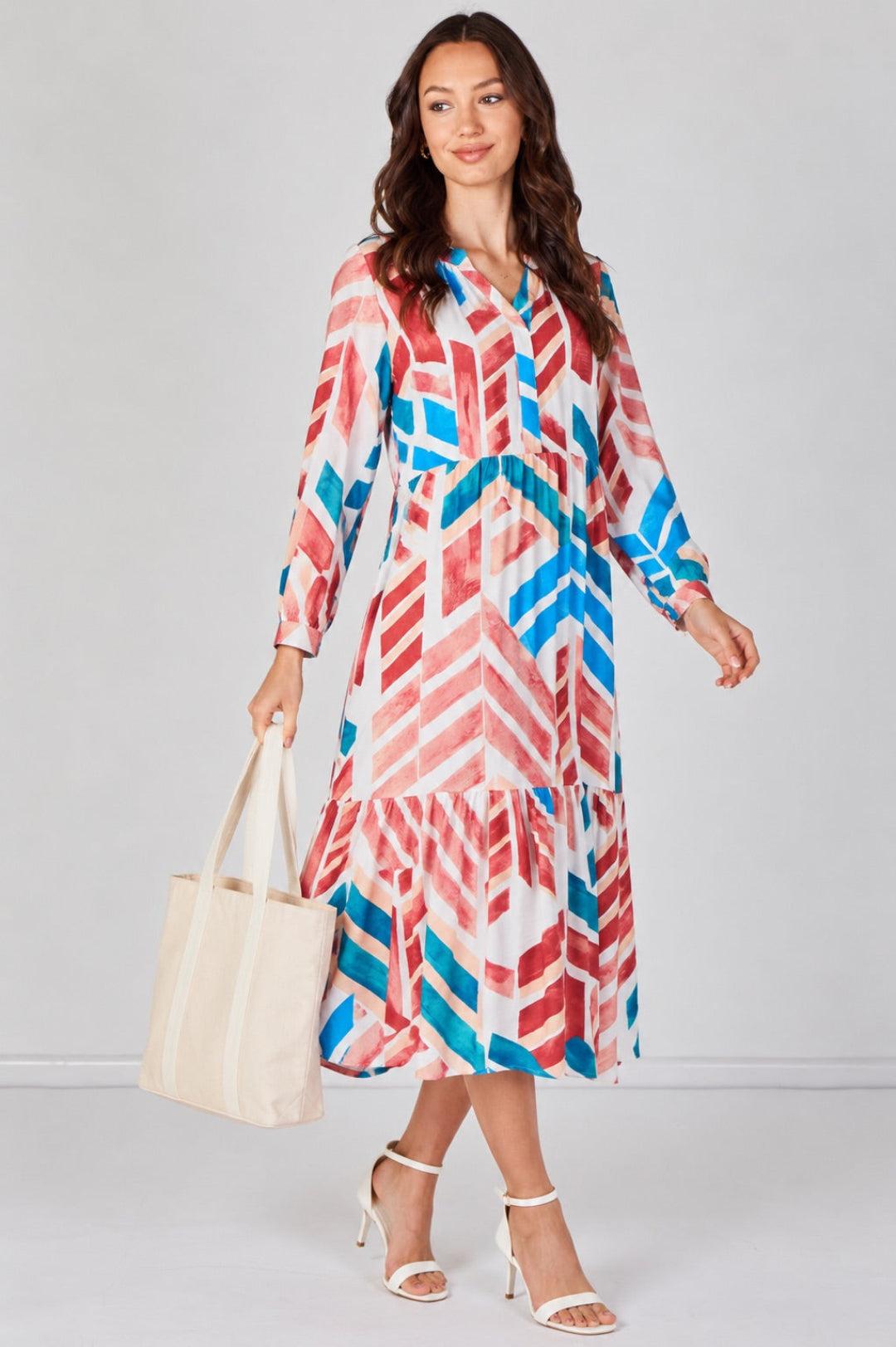 8Pcs Santorini Geo Print Smock Midaxi Dress