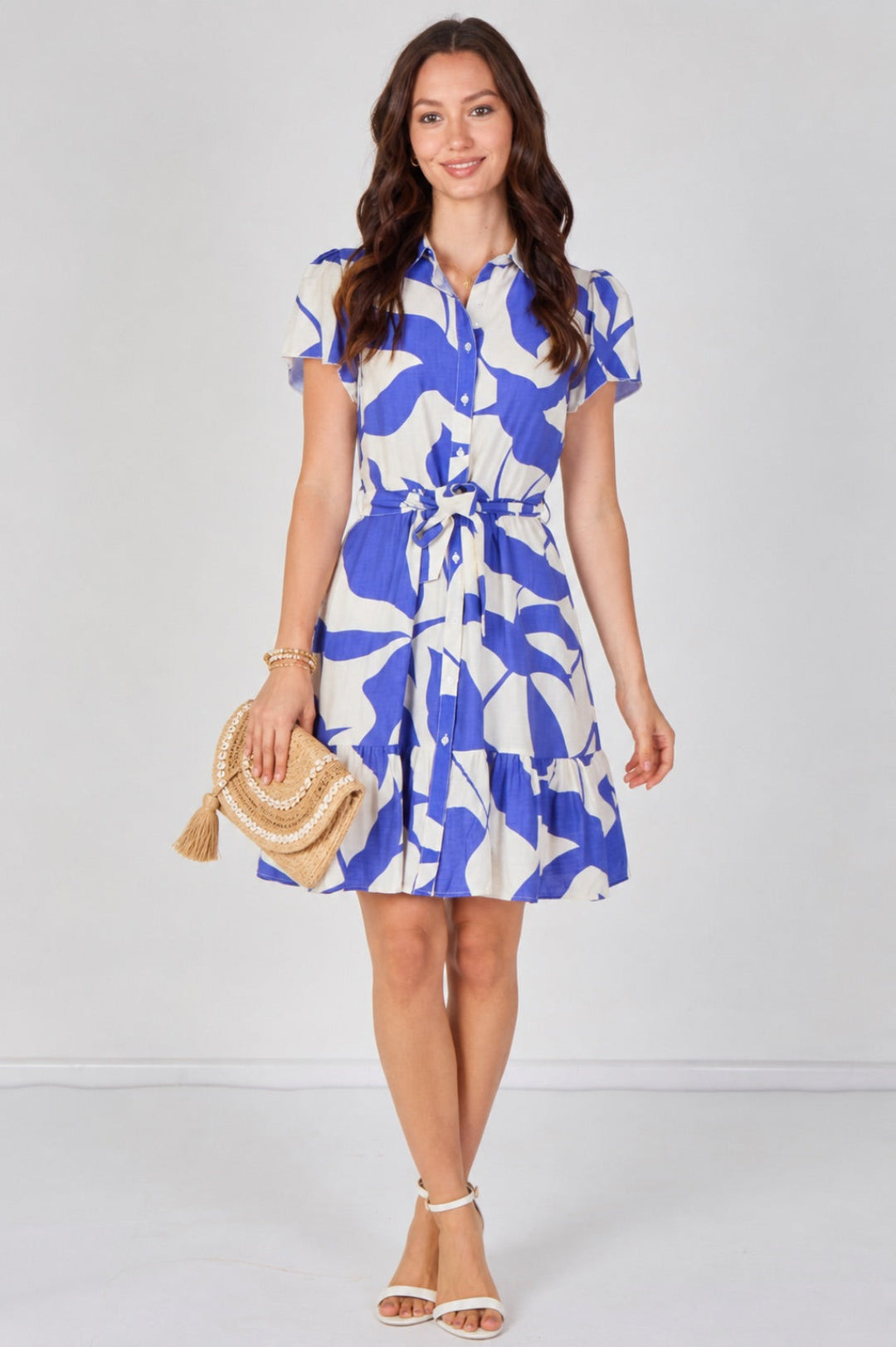 8Pcs Blue Abstract Print Short Sleeve Shirt Dress
