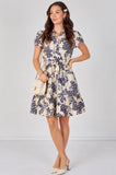 8Pcs Cream and Navy Floral Print Short Sleeve Shirt Dress