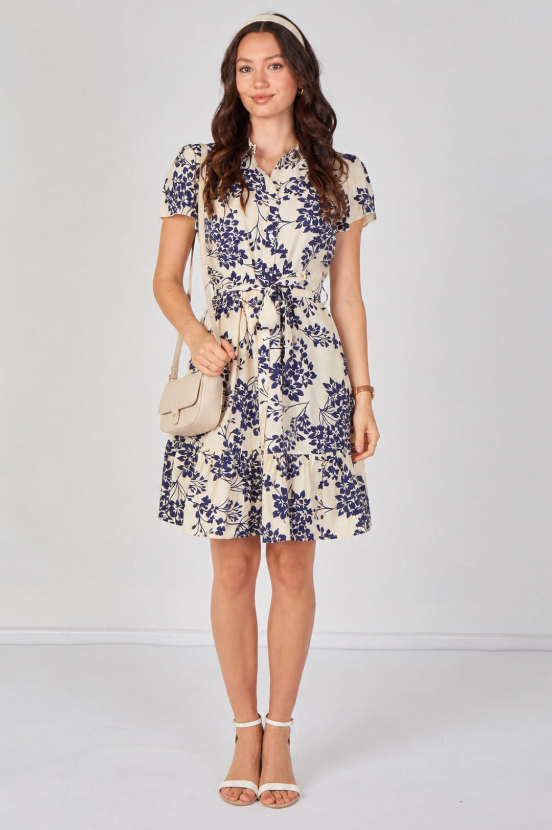 8Pcs Cream and Navy Floral Print Short Sleeve Shirt Dress