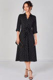 8Pcs Black Mini Polka Dot Quarter Sleeve Tie Waist Midi Dress