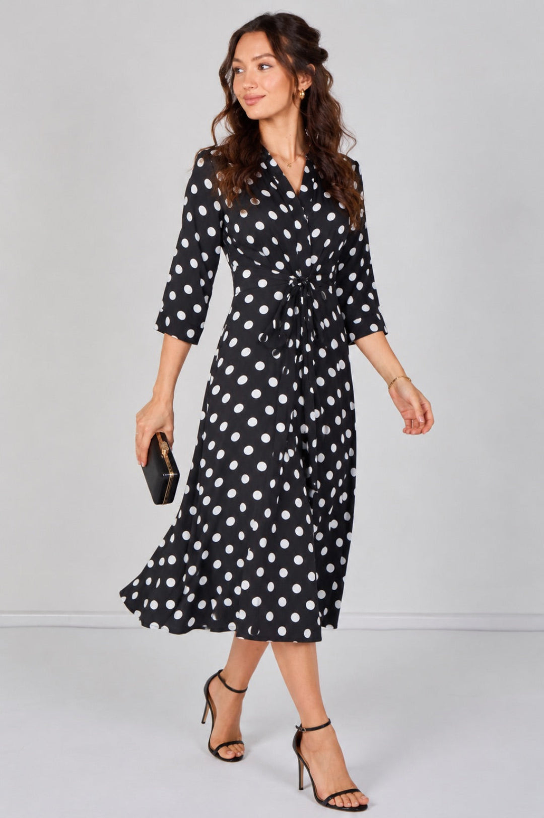 8Pcs Black Polka Dot Quarter Sleeve Tie Waist Midi Dress