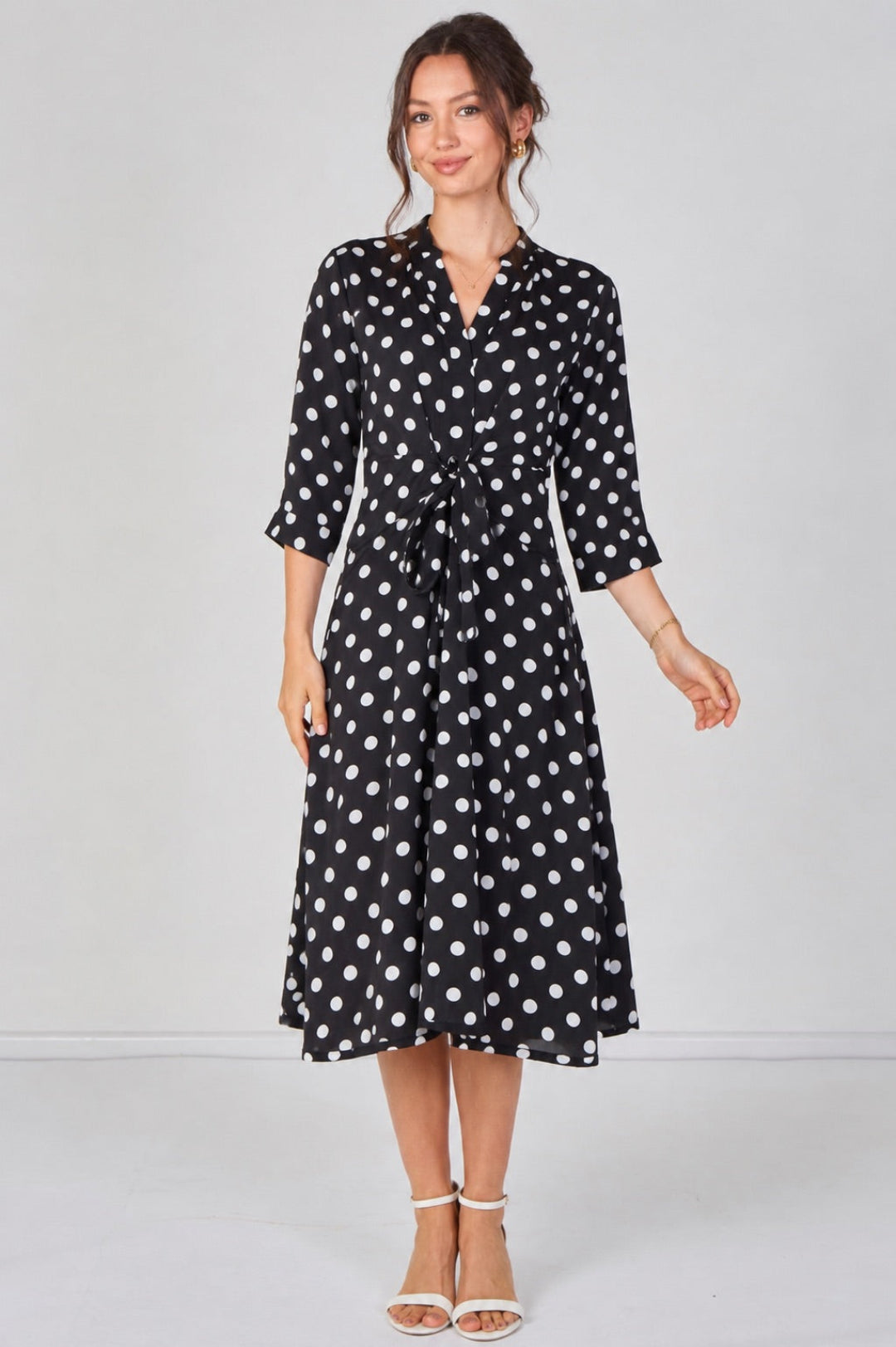 8Pcs Black Polka Dot Quarter Sleeve Tie Waist Midi Dress