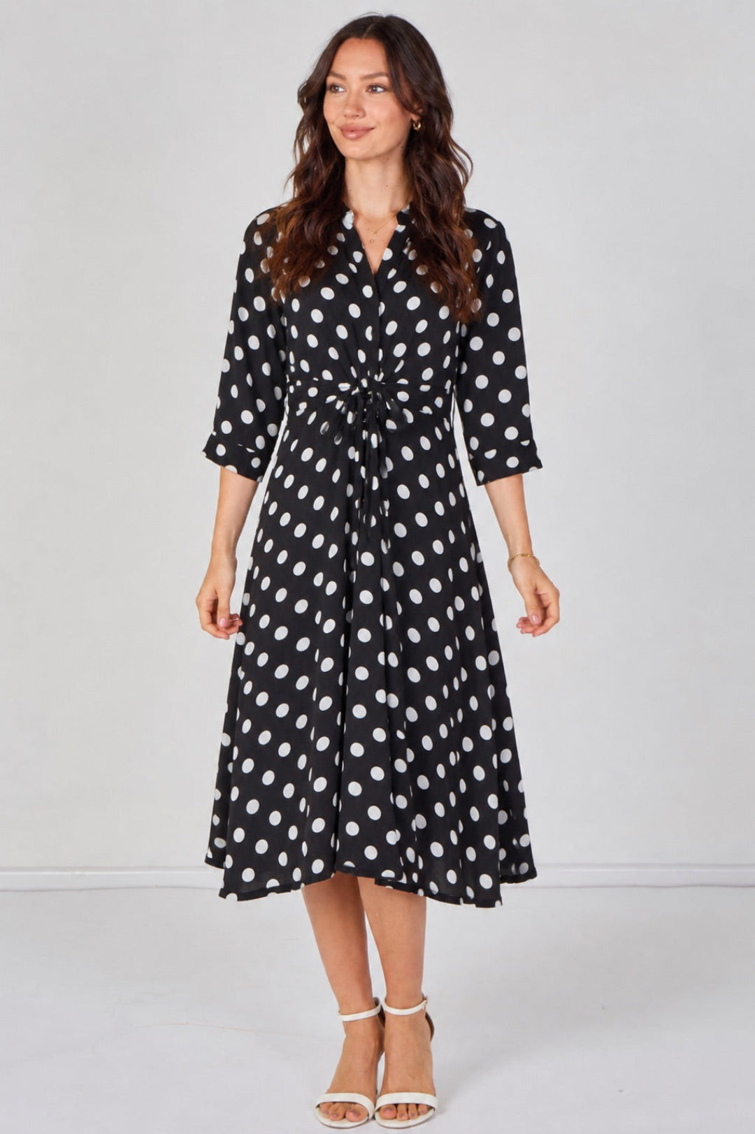 8Pcs Black Large Polka Dot Quarter Sleeve Tie Waist Midi Dress