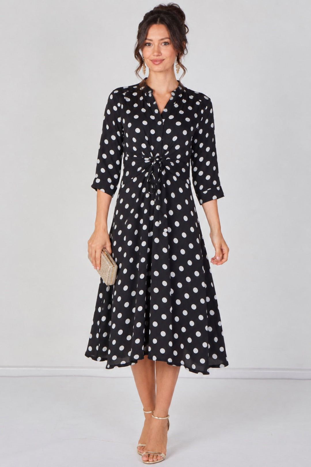 8Pcs Black Large Polka Dot Quarter Sleeve Tie Waist Midi Dress