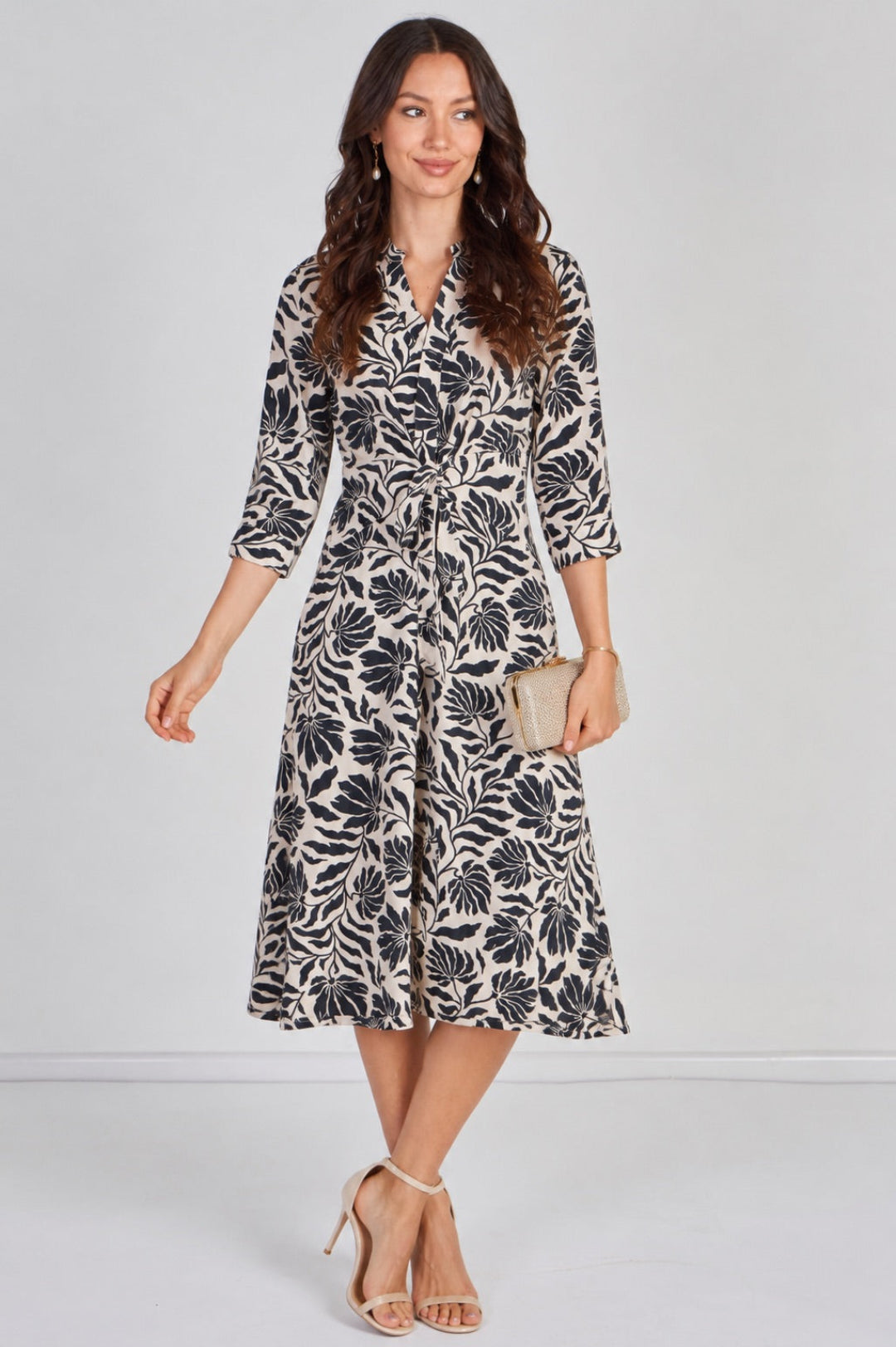 8Pcs Black Tropical Print Quarter Sleeve Tie Waist Midi Dress