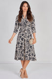 8Pcs Black Tropical Print Quarter Sleeve Tie Waist Midi Dress