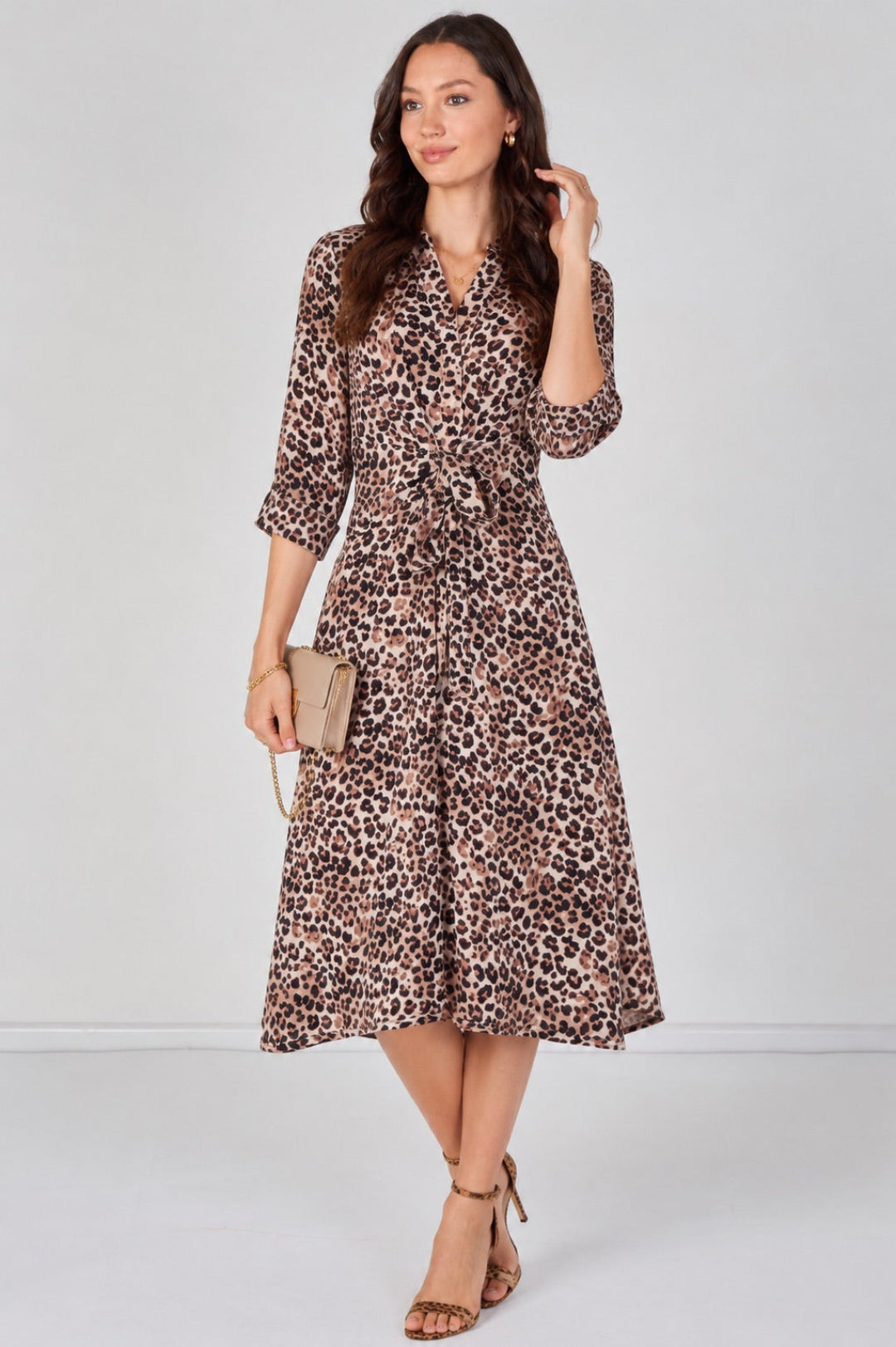 8Pcs Beige Leopard Print Quarter Sleeve Tie Waist Midi Dress