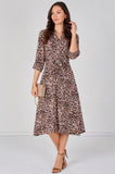 8Pcs Beige Leopard Print Quarter Sleeve Tie Waist Midi Dress