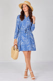 6Pcs Blue Geometric Print Long Sleeve Mini Shirt Dress