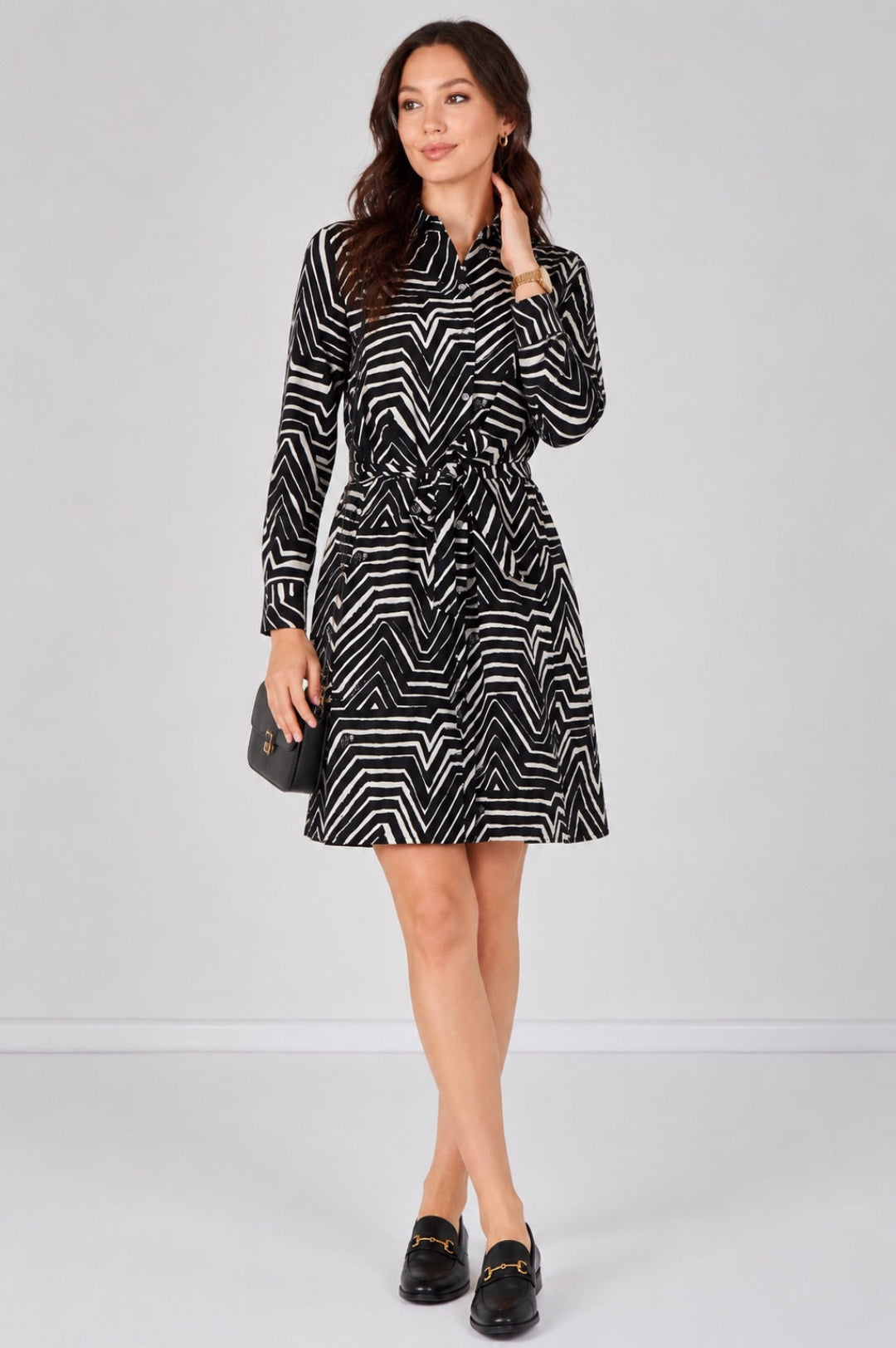 6Pcs Black Geometric Print Long Sleeve Mini Shirt Dress
