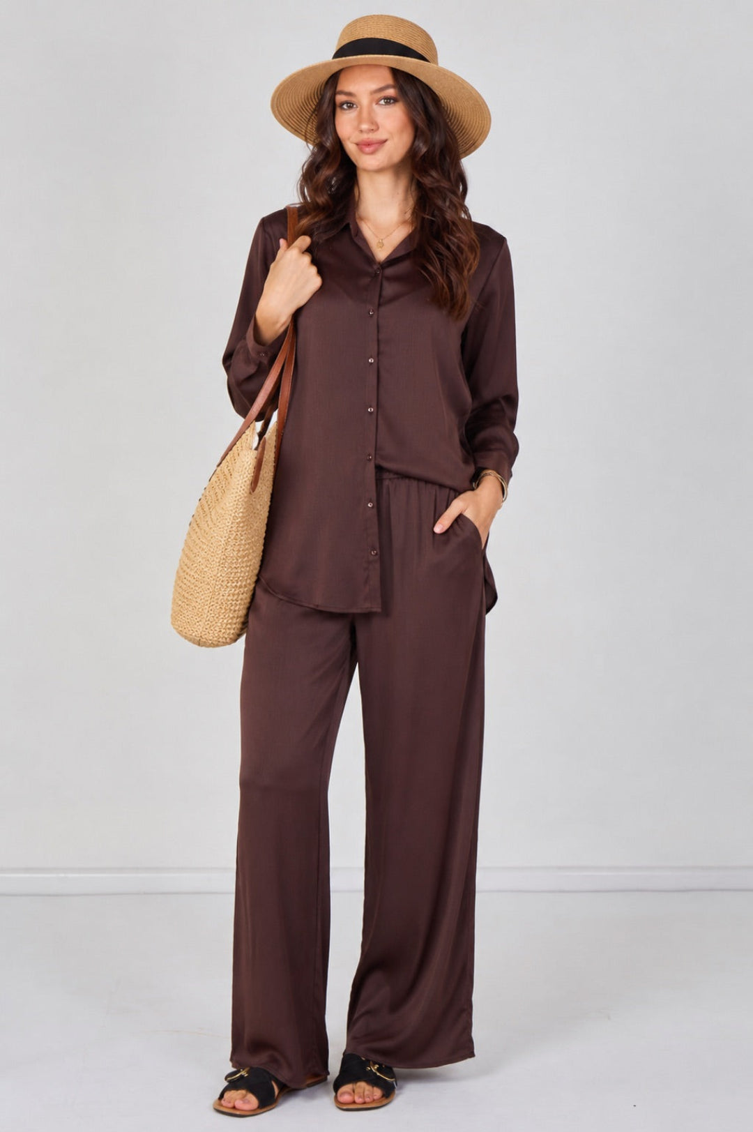 8Pcs Expresso Satin Shirt and Trousers Co-Ord