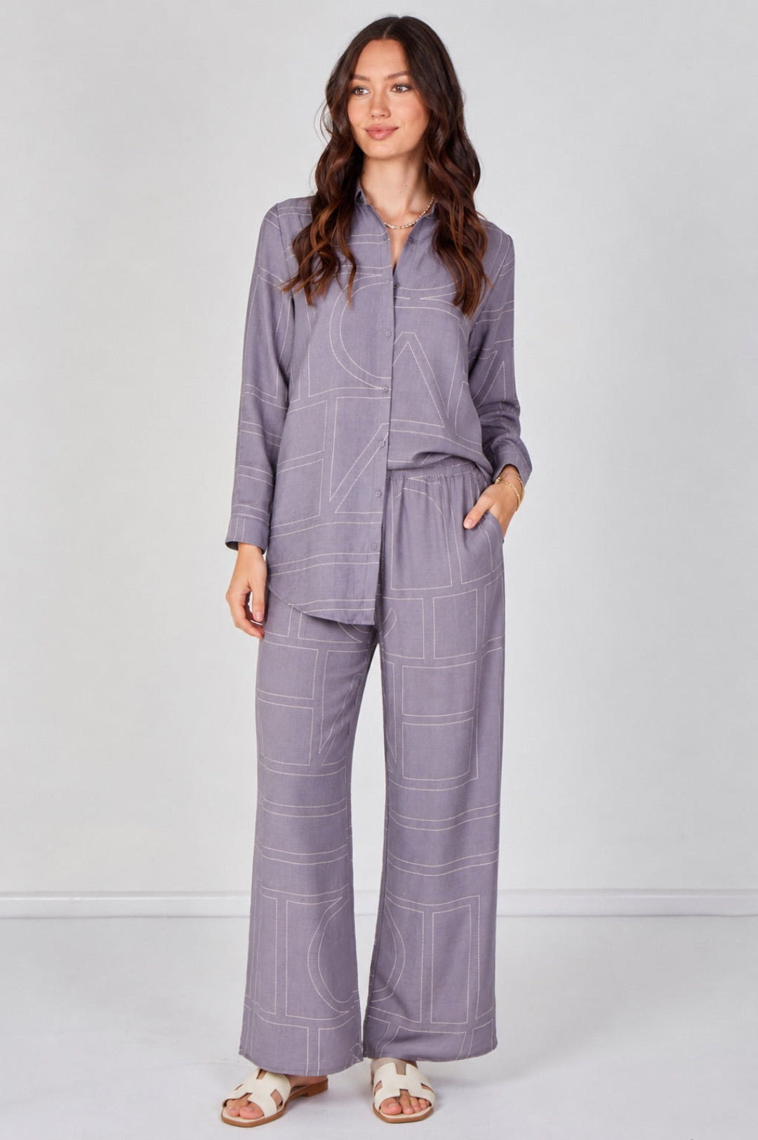 8Pcs Grey Geometric Print Shirt andTrouser Co-Ord Set