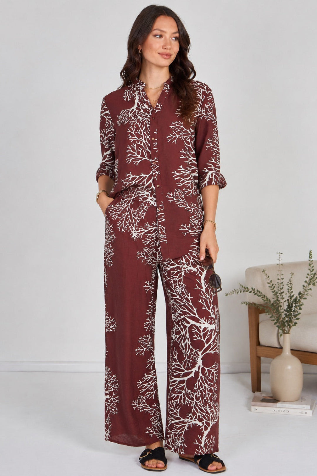 8Pcs Rust Coral Print Shirt and Trouser Co-Ord Set