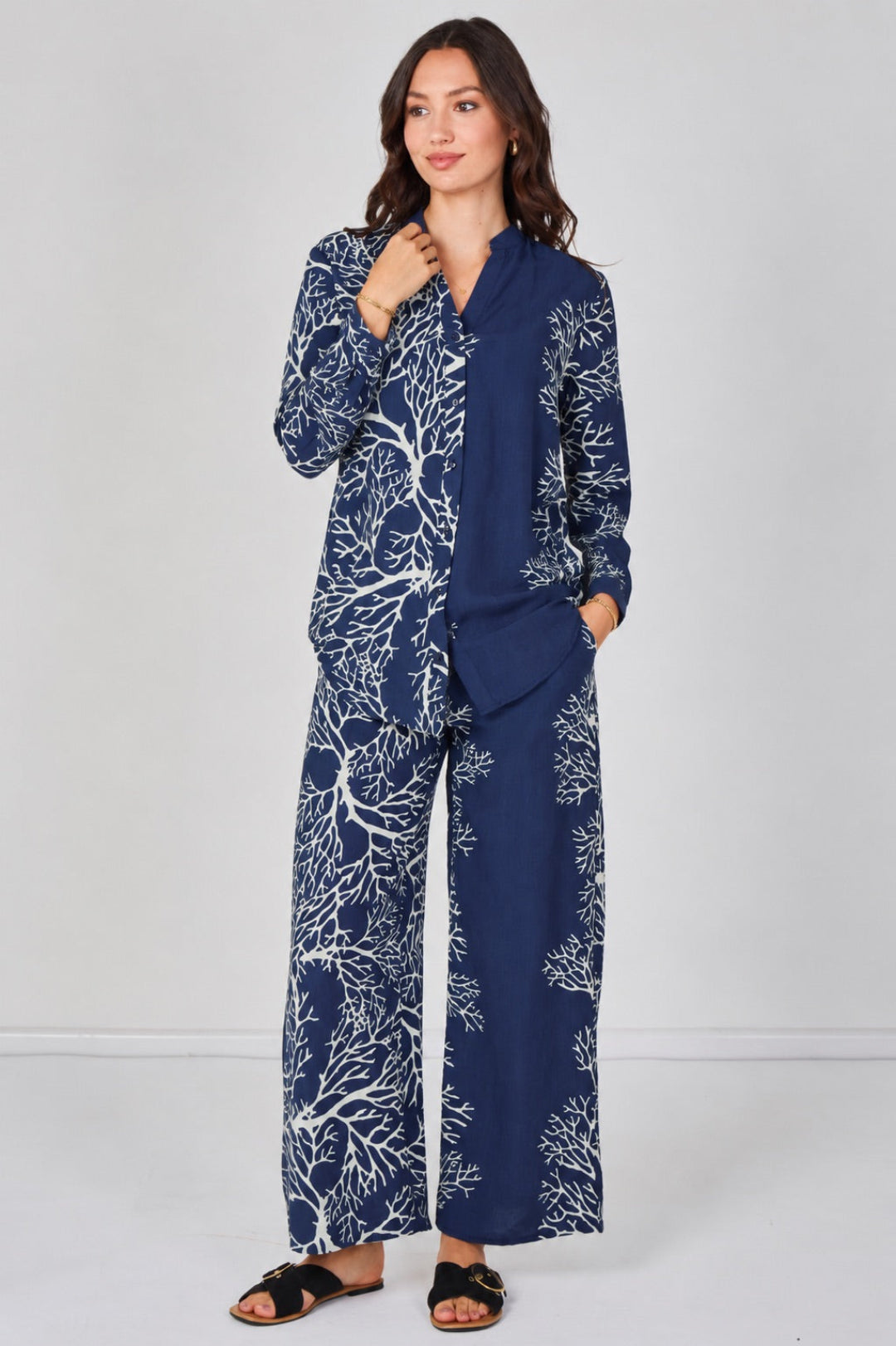 8Pcs Navy Coral Print Shirt and Trouser Co-Ord Set