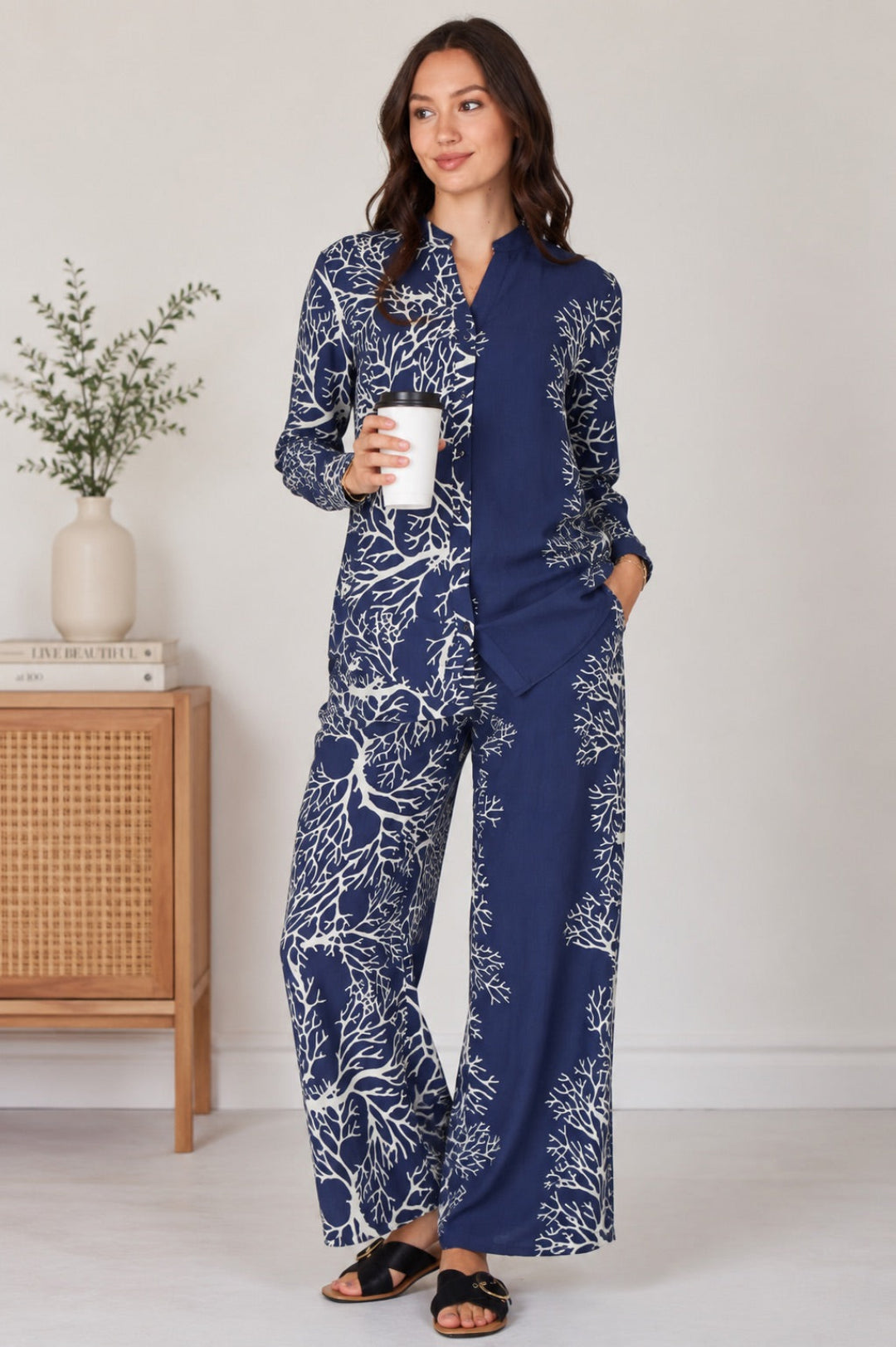 8Pcs Navy Coral Print Shirt and Trouser Co-Ord Set