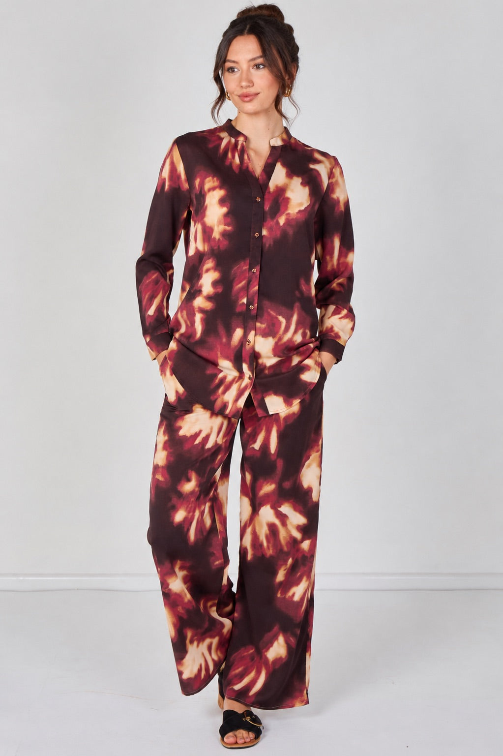 8Pcs Burgundy Abstract Print Shirt and Trouser Co-Ord Set