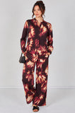 8Pcs Burgundy Abstract Print Shirt and Trouser Co-Ord Set