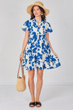 8Pcs Blue Floral Print Short Sleeve Flared Mini Dress