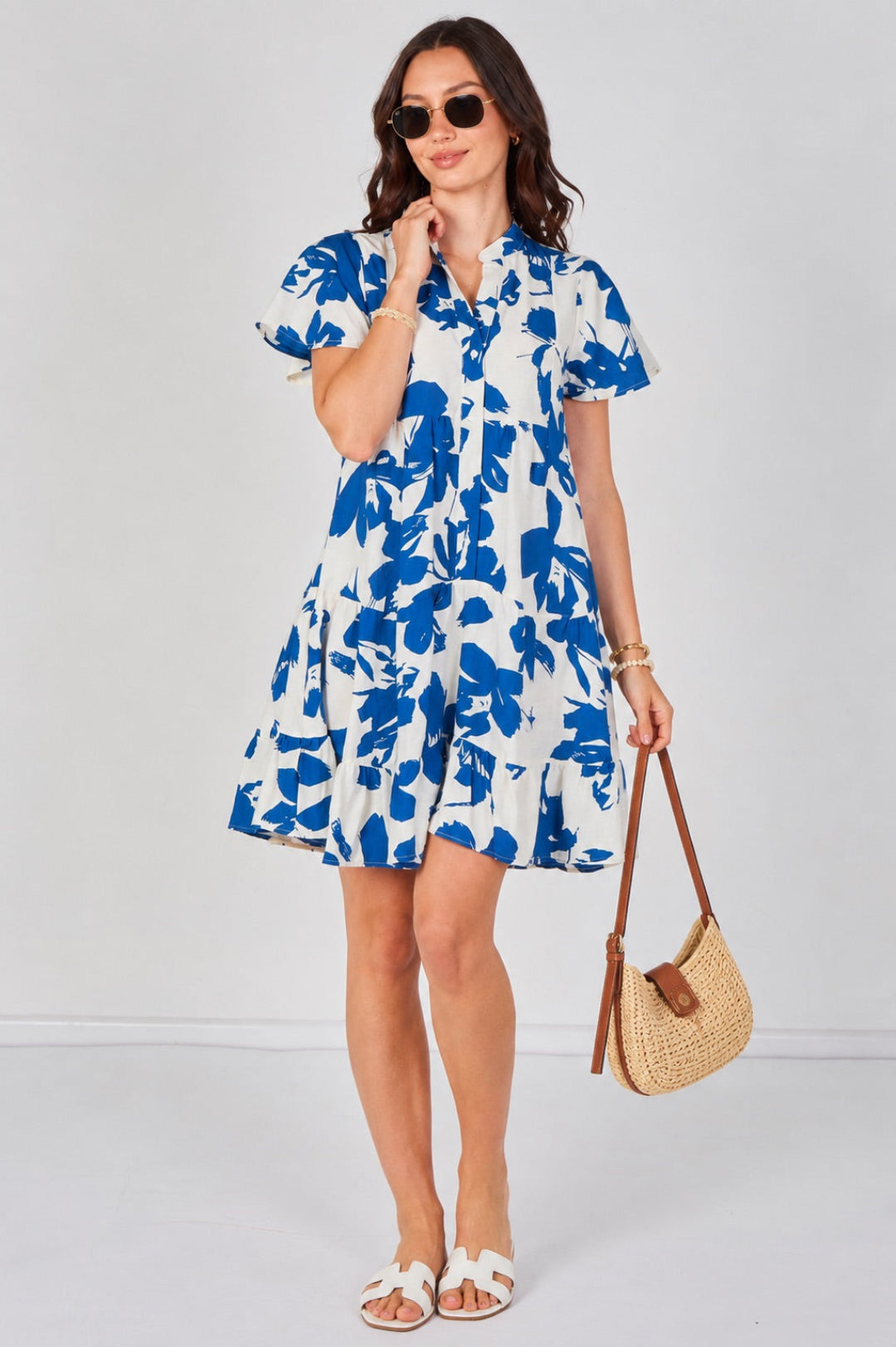 8Pcs Blue Floral Print Short Sleeve Flared Mini Dress
