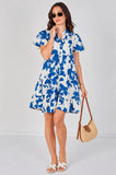 8Pcs Blue Floral Print Short Sleeve Flared Mini Dress
