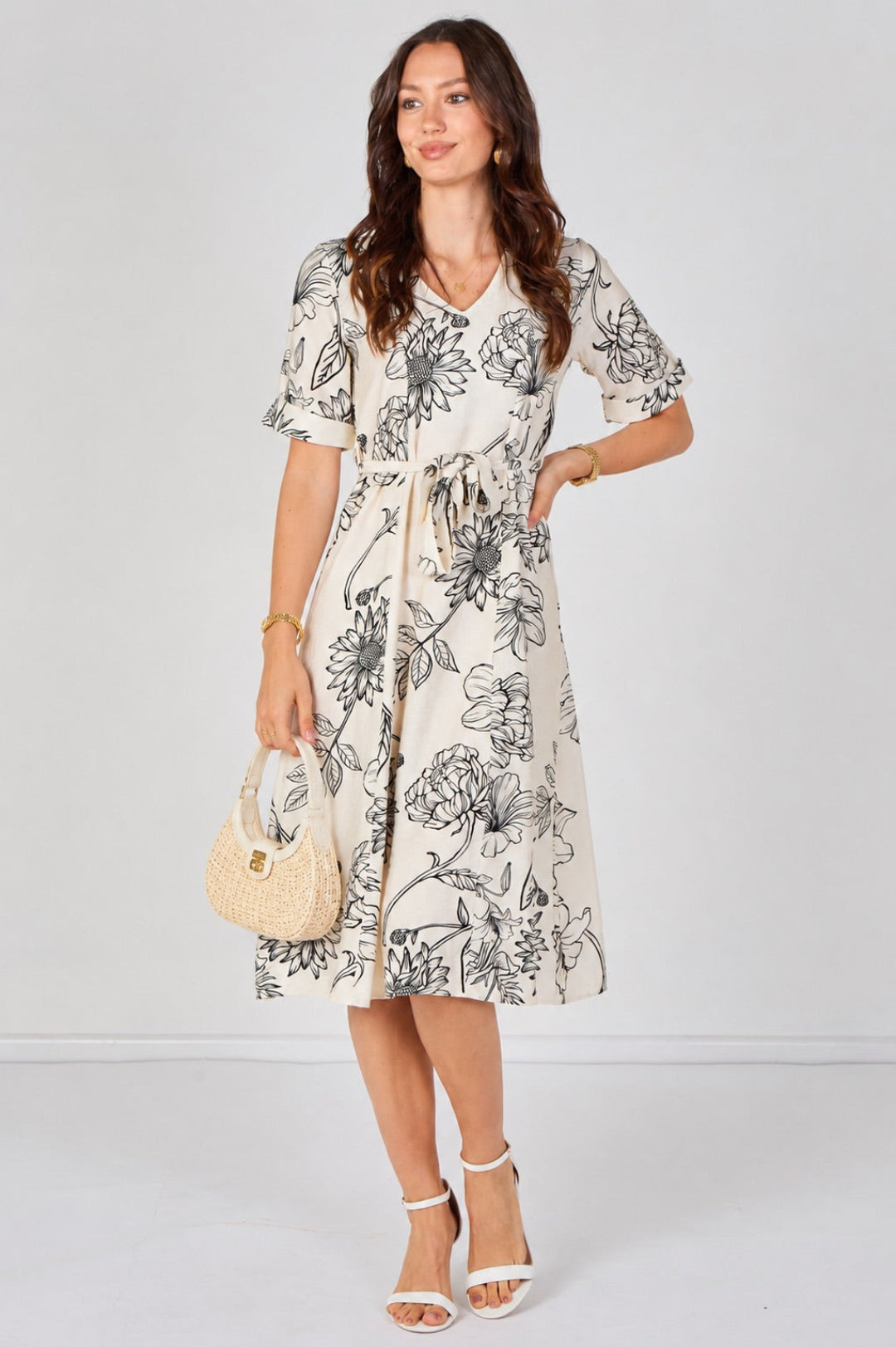 9Pcs Ivory Floral Print Short Sleeve Midi Dress