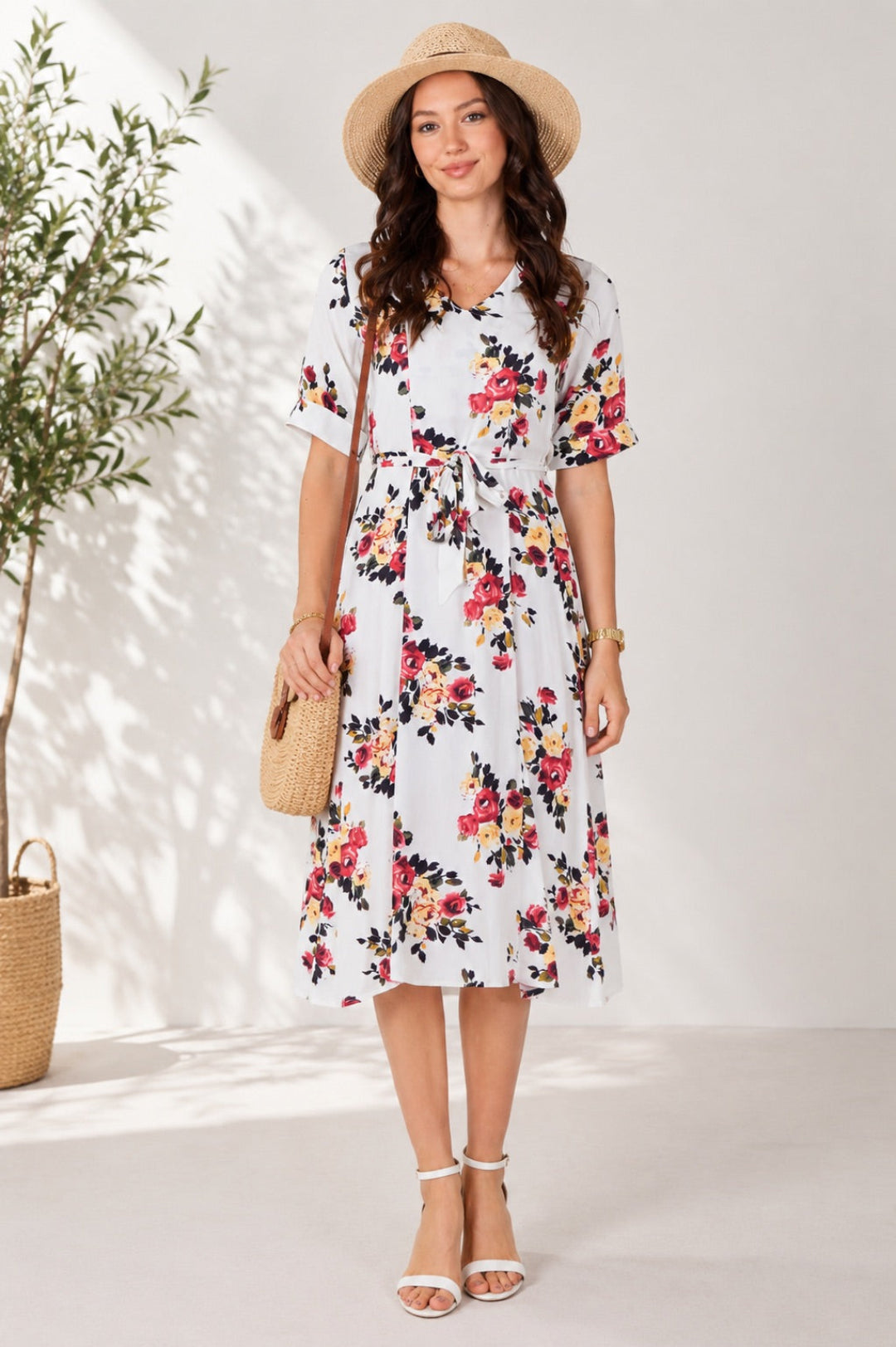 9Pcs White Floral Print Short Sleeve Midi Dress