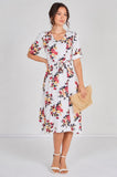 9Pcs White Floral Print Short Sleeve Midi Dress