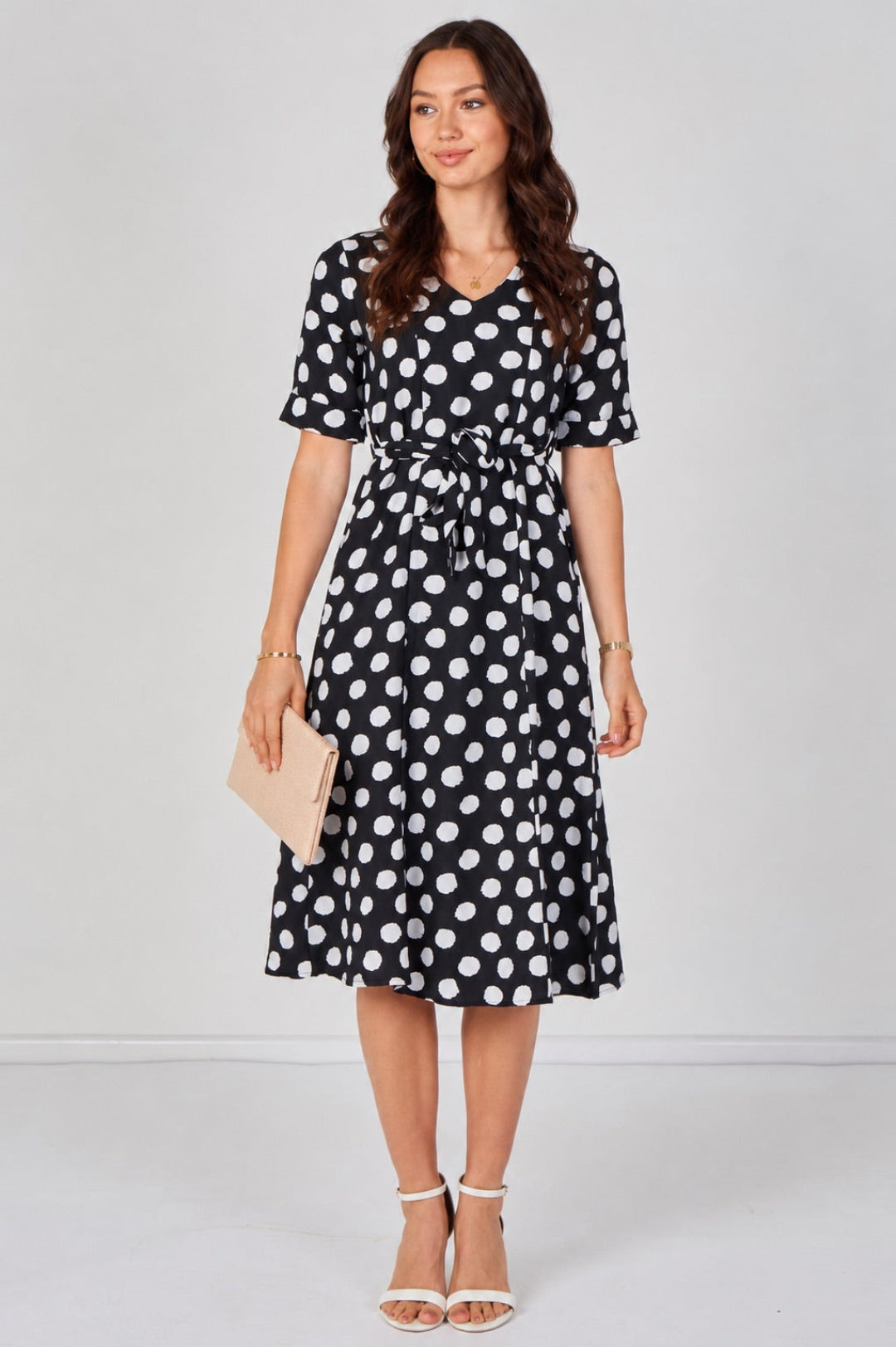 9Pcs Black Polka Dot Short Sleeve Midi Dress