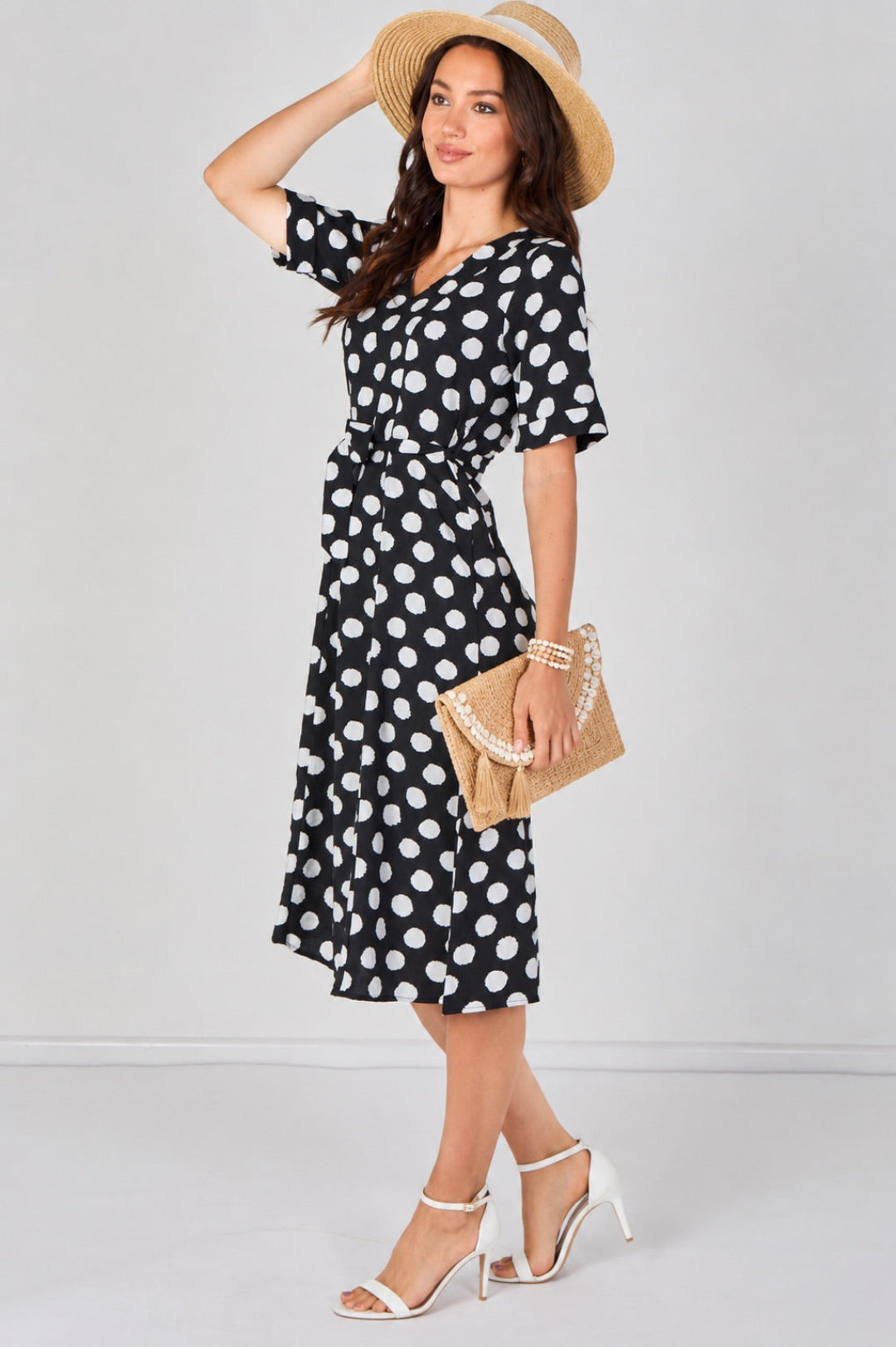 9Pcs Black Polka Dot Short Sleeve Midi Dress
