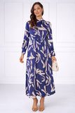 8Pcs Blue Brushstroke Print Pleated Skirt Satin Maxi Dress
