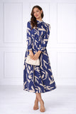 8Pcs Blue Brushstroke Print Pleated Skirt Satin Maxi Dress
