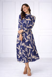 8Pcs Blue Brushstroke Print Pleated Skirt Satin Maxi Dress