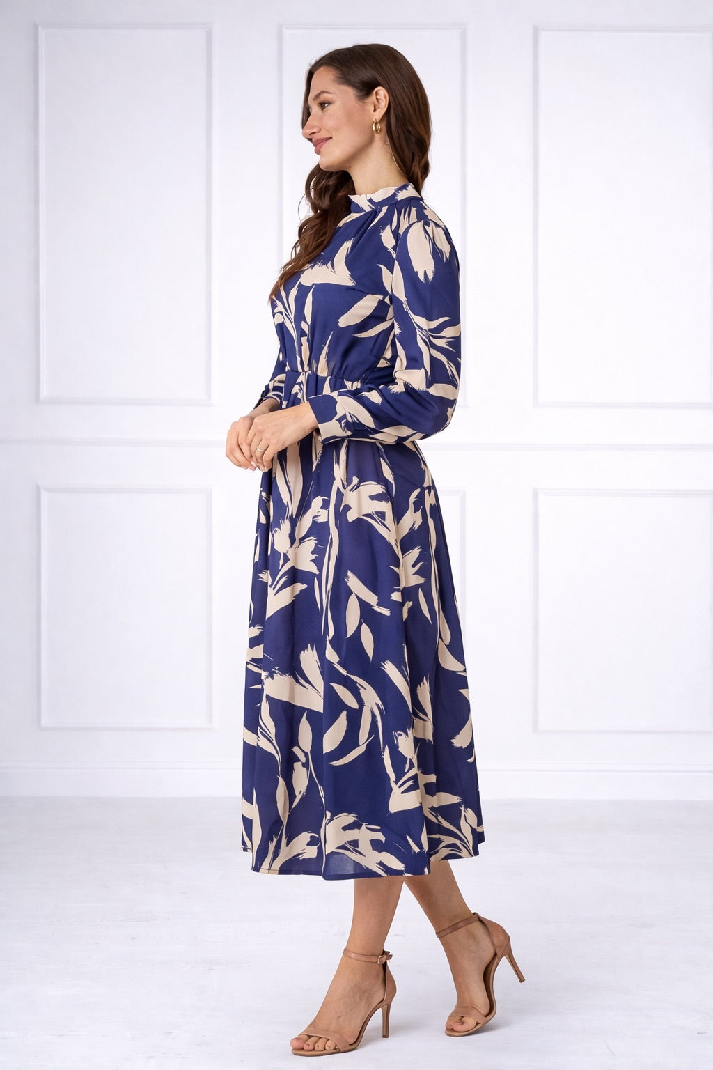 8Pcs Blue Brushstroke Print Pleated Skirt Satin Maxi Dress